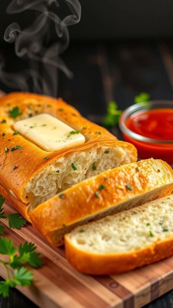 Oven-baked garlic bread, golden and crispy, served with marinara sauce on a wooden board.